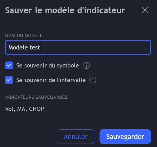 Sauvegardez votre modèle d'indicateur
