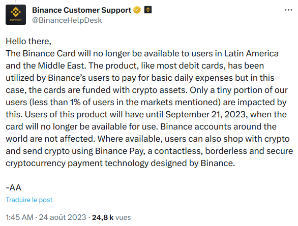 Binance annonce la fin de la Binance Card dans plusieurs pays