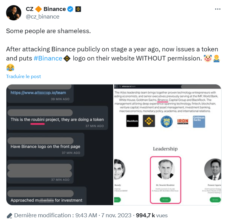 Changpeng Zhao critique Nouriel Roubini pour son utilisation sans permission du logo de Binance.