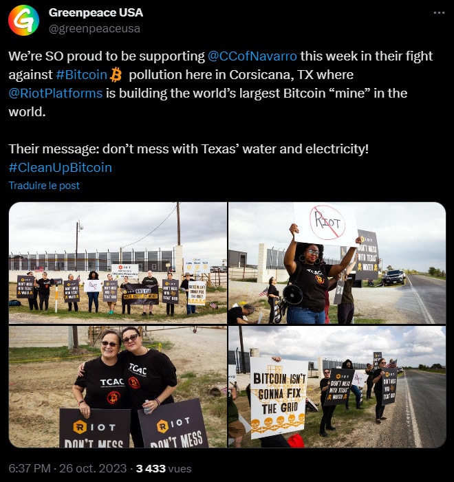 Greenpeace USA utilise sa puissance de frappe médiatique pour soutenir la Texas Coalition Against Cryptomining (TCAC) et multiplie les messages sur les réseaux sociaux.
