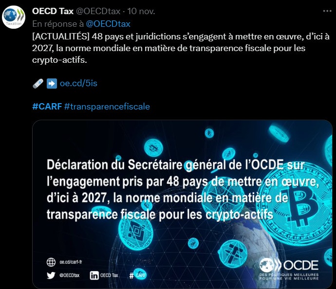 L'organisation de coopération et de développement économique, l'OCDE, vient de publier un rapport intitulé Cadre de déclaration des Crypto-actifs et modifications de la Norme commune de déclaration qui ambitionne de donner un cadre règlementaire commun à près de 50 pays en matière de fiscalité crypto.