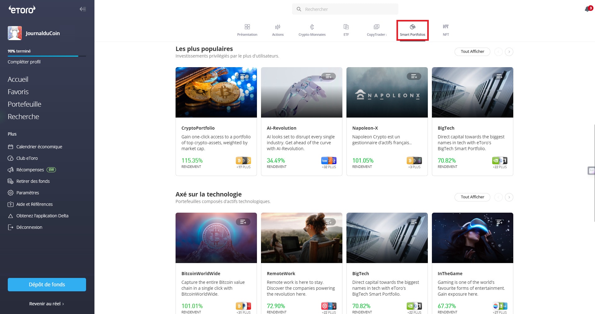 Le portefeuille intelligent sur eToro permet de voir la proportion des divers actifs possédés par les investisseurs les plus rentables de la plateforme