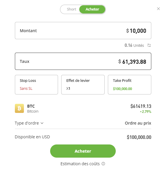 L'ouverture de position sur eToro passe par une interface conçue pour les débutants afin de leur permettre d'investir en toute sécurité sur les cryptos ou les actions