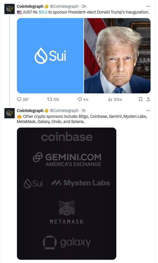 Les sponsors cryptos se bousculent au portillon pour l’Inauguration Day de Donald Trump en tant que 47e président des États-Unis.