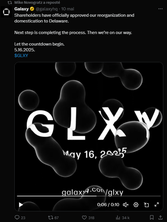 Mike Novogratz communique sur le déménagement prochain de son entreprise Galaxy Digital qui sera prochainement cotée au Nasdaq à New York.